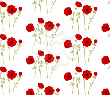 Gentle floral background with red poppies. Patterns for textiles. Seamless floral background.