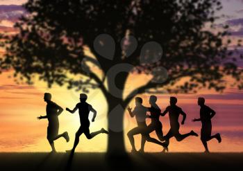 Running sports. Competition athletes runners at sunset and a tree