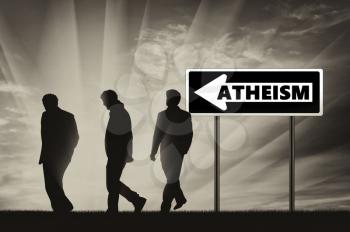 Atheism. Atheists Three men walking towards atheism, near the road sign
