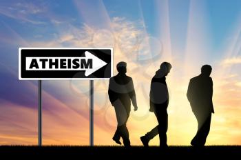 Atheism. Atheists Three men walking towards atheism, near the road sign