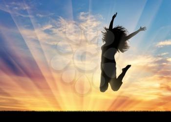 Happiness success woman. Happy woman jumping at sunset