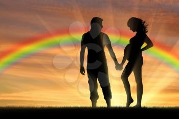 Waiting for the baby. Pregnant woman with her husband holding hands at sunset and rainbow