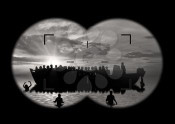 Refugees concept. Refugees swim to shore against the backdrop of the boat. The view from the binoculars
