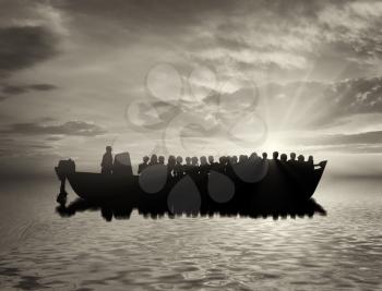 Refugees concept. Boat with refugees at sea
