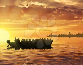 Refugees concept. Boat with the refugees against the evening city