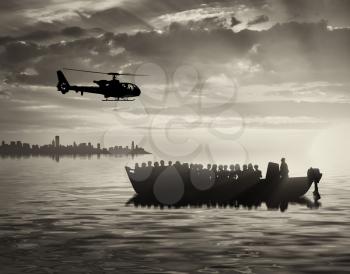 Refugees concept. Boat with the refugees against the background of the city and Border Protection