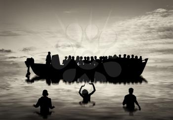Refugees concept. Refugees swim to shore against the backdrop of boats