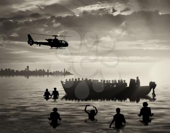 Refugees concept. Refugees swim to shore against the backdrop of boats and helicopters