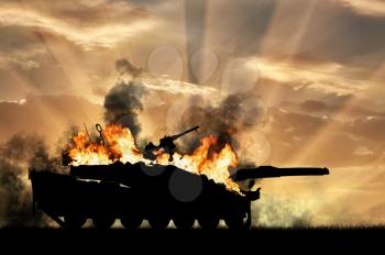 Concept of war and conflict. Military tank in the fire and smoke