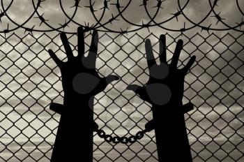 Freedom concept. Silhouette of human hands in handcuffs near the fence with barbed wire