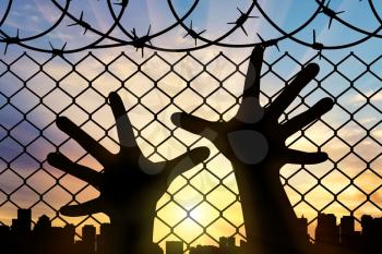 Refugees concept. Silhouette refugee hands near the barbed wire fence and cityscape