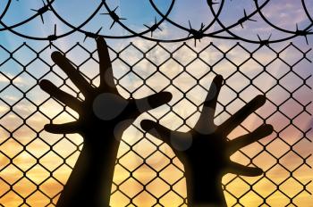 Refugees concept. Silhouette refugee hands near the barbed wire fence