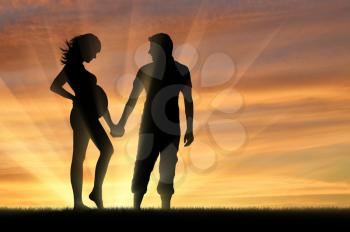 Pregnancy concept. Pregnant woman holding a man's hand in the sunset