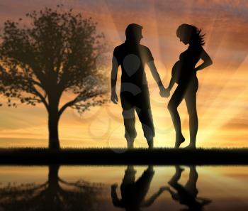 Pregnancy concept. Pregnant woman and a man with a walk at sunset