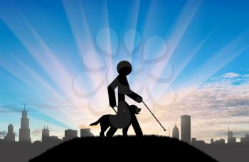 Icon blind with cane and guide-dog on background of city and day. Concept disabled