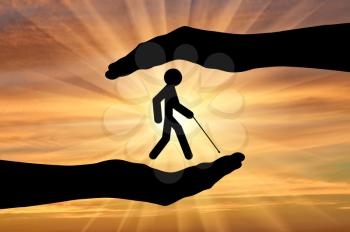 Icon blind with cane in hands on sunset. Concept protection of people with disabilities