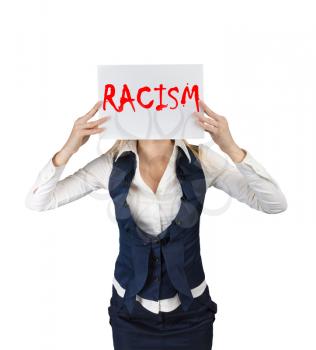 Racism and discrimination concept. A woman holds a poster with the word racism