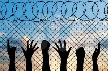 Refugees hands silhouette near the fence of barbed wire. refugee concept
