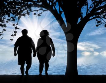 Couple with overweight standing near sea under tree. Overweight concept
