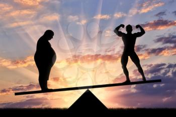 Fat man and sporty man in scales on sunset background. Healthy lifestyl concept