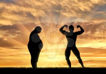 Fat man and sporty man on nature on sunset background. Healthy lifestyle concept