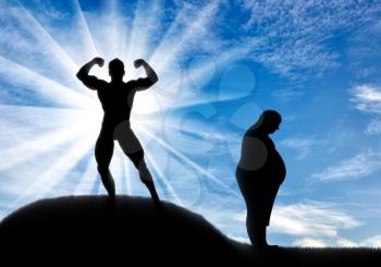 Fat man and sporty man in nature against sky. Healthy lifestyle concept