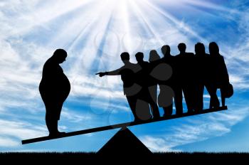 Fat man and crowd him condemned stand on scales day. Obesity concept