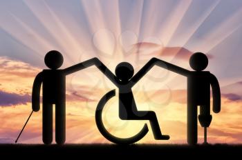 Disabled person society to hold hands on sunset. Concept disabled persons