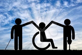 Disabled person society to hold hands on background sky. Concept disabled persons