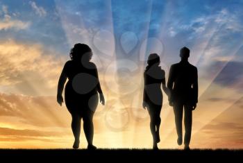 Fat woman and young thin couple standing on sunset background. Concept obesity