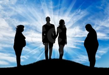 Thick man with woman and slender pair on hill on background sky. Concept obesity