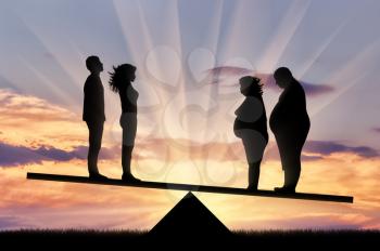 Fat man with fat woman and thin pair stand on scales on background sunset. Concept obesity