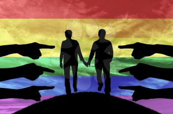 Discrimination against gay rights. Silhouette hands show condemning gay couple