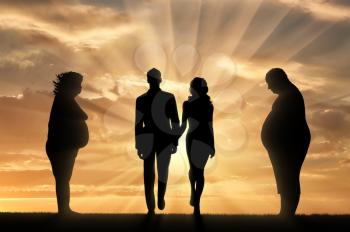 Thick man with woman and thin pair on hill on background sunset. Concept obesity