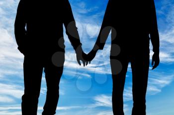 Concept of gay people. Silhouette happy gay men holding hands against the blue sky