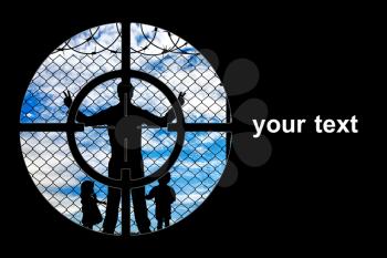 Concept of refugee. Silhouette refugees father and two hungry children at gunpoint