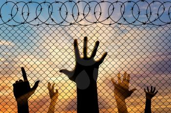 Concept of emotions and feelings. Silhouette refugees hands near the border fence on the sunset background