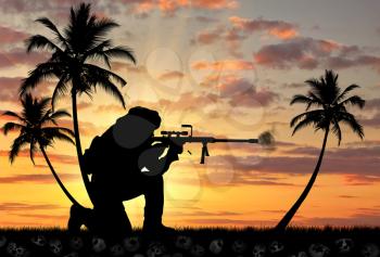 Concept of terrorism. Silhouette of a terrorist with a gun on the ground of turtles at sunset and palm trees