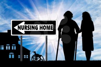 Silhouette of a nurse caring for an elderly woman on crutches near house for elderly