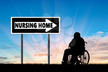 Silhouette of an elderly man in a wheelchair next to the road sign pointer home for elderly
