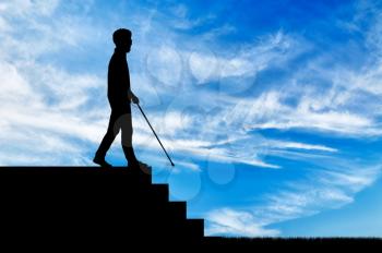 Blind man disabled with cane stay on top step day. Concept help blind disabilities