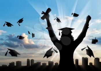 Graduate on background of city raised his hands to sky and holds diploma. concept of education