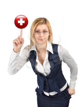 Concept of medicine and the Red Cross. Woman showing red cross symbol on finger