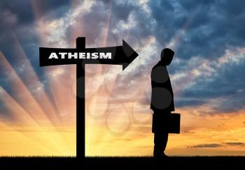 Atheism concept. Man is an atheist in the direction where the sign shows atheism