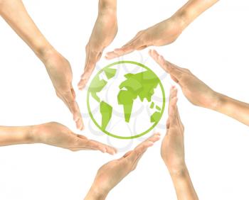 Eco concept. Green icon planet earth in the hands of the people. design element
