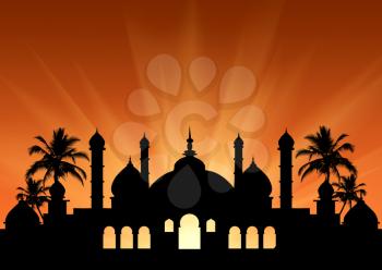 Concept of the Islamic religion. Silhouette of the town hall at sunset in the rays of light