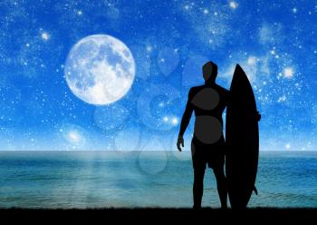 Concept of sport. Silhouette of surfer at night on the background of the sea