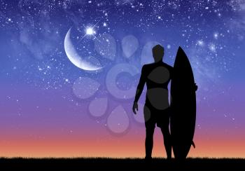 Concept of sport. Silhouette of surfer at sunrise on the background of the beautiful starry sky