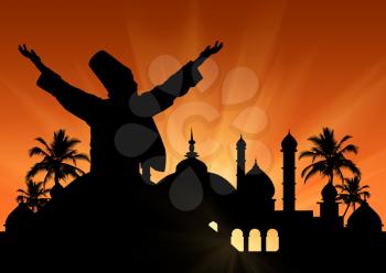 Silhouette of the Turkish national dance Dancing Dervishes on the background of the town hall at sunset