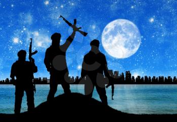 Concept of terrorists. Silhouette of terrorists across from the city at night and the moon